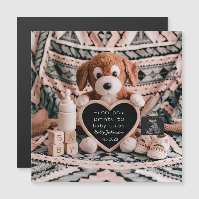 Anuncio de embarazo adorable con peluche de cachor (Anverso/Reverso)