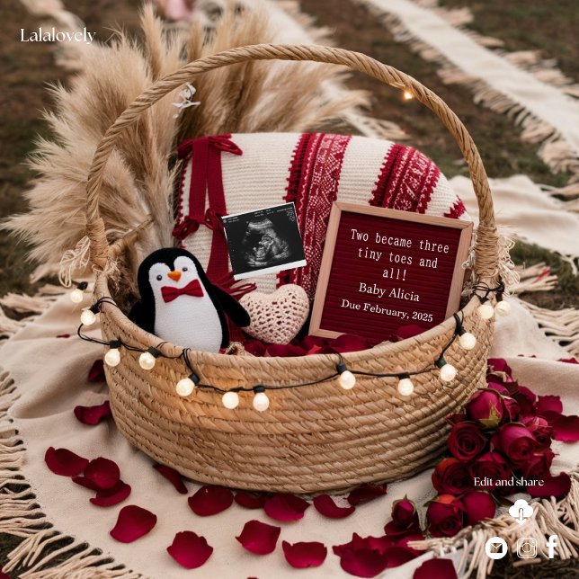 Anuncio de embarazo adorable pingüino con rosas (Subido por el creador)