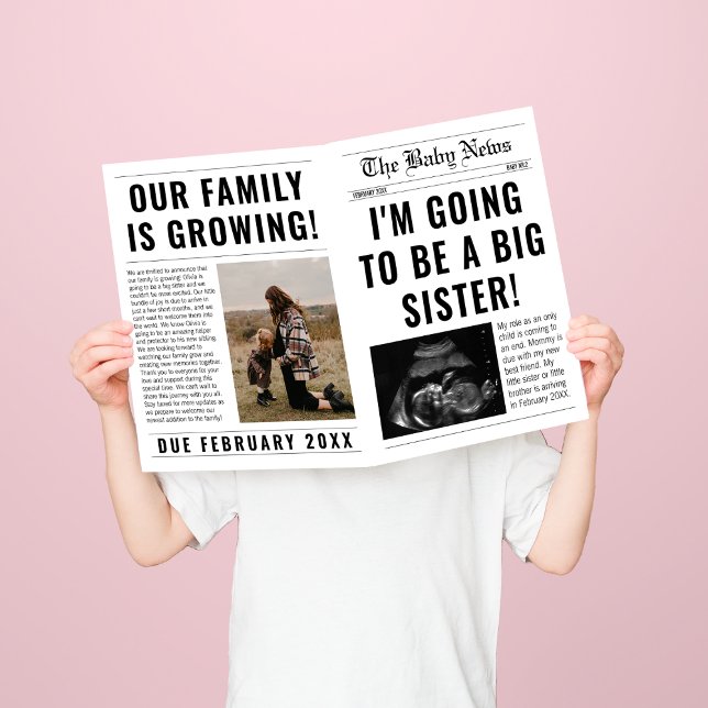 Anuncio de Embarazo de Hermana Mayor en Periódico  (big sister pregnancy announcement newspaper style template)