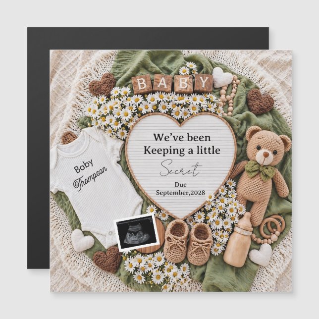 Anuncio de embarazo de osito boho neutral (Anverso/Reverso)