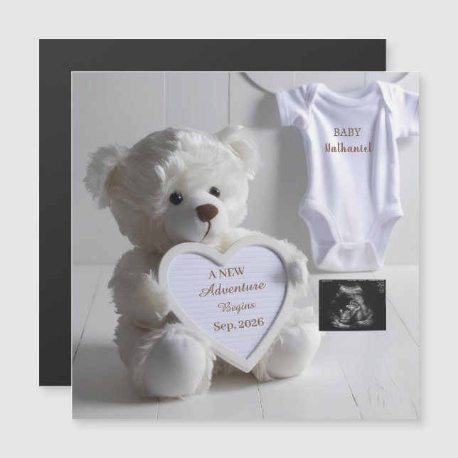 Anuncio de embarazo de oso blanco minimalista (Anverso/Reverso)