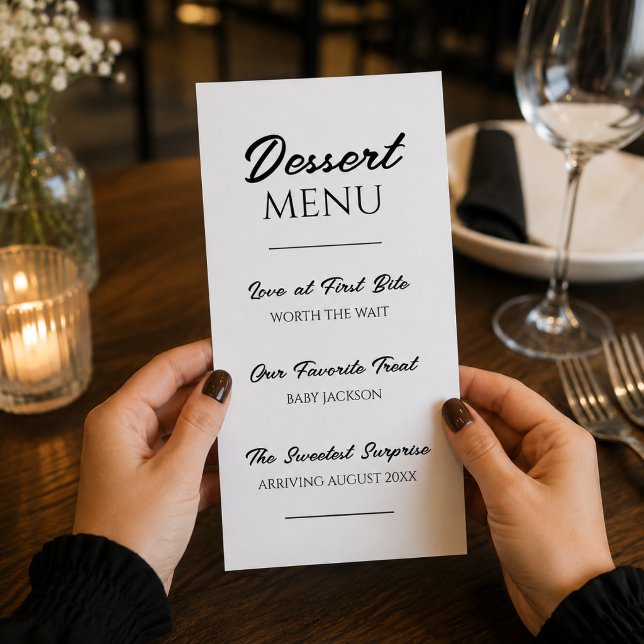 Anuncio de embarazo en el menú de postres Revelaci (Dessert Menu Pregnancy Announcement Baby Reveal)