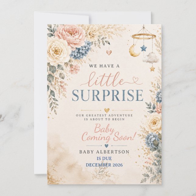 Anuncio de Embarazo Floral Boho Dusty Blue Rubor N (Anverso)
