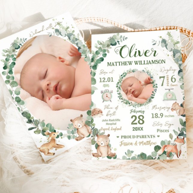 Anuncio de estadísticas de natalidad de animales d (zazzle-chic-woodland-animals-greenery-gender-neutral-boy-girl-birth-stats-photo-announcement-cards)