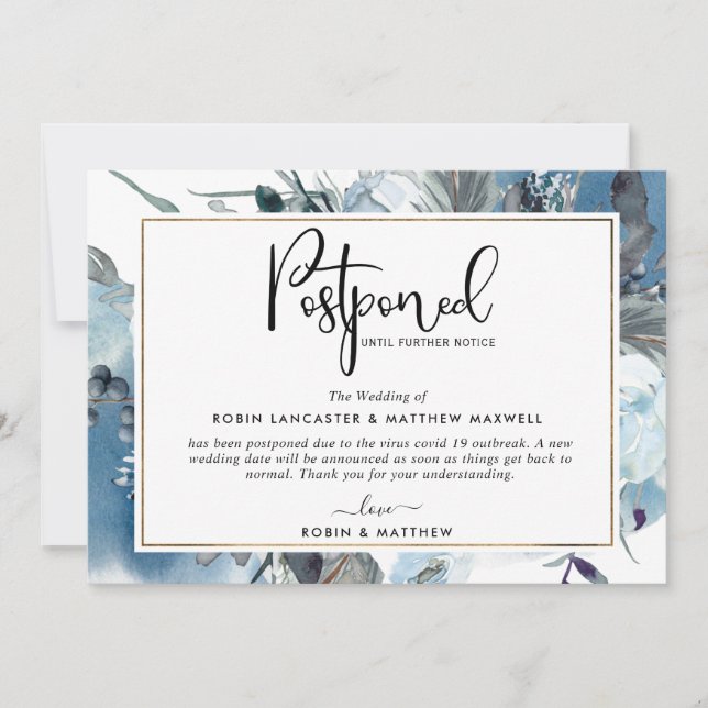 Anuncio de evento pospuesto Tarjeta floral azul (Anverso)