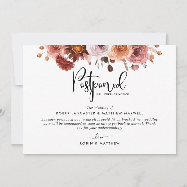 Anuncio de evento pospuesto, tarjeta tono borgoña (Anverso)