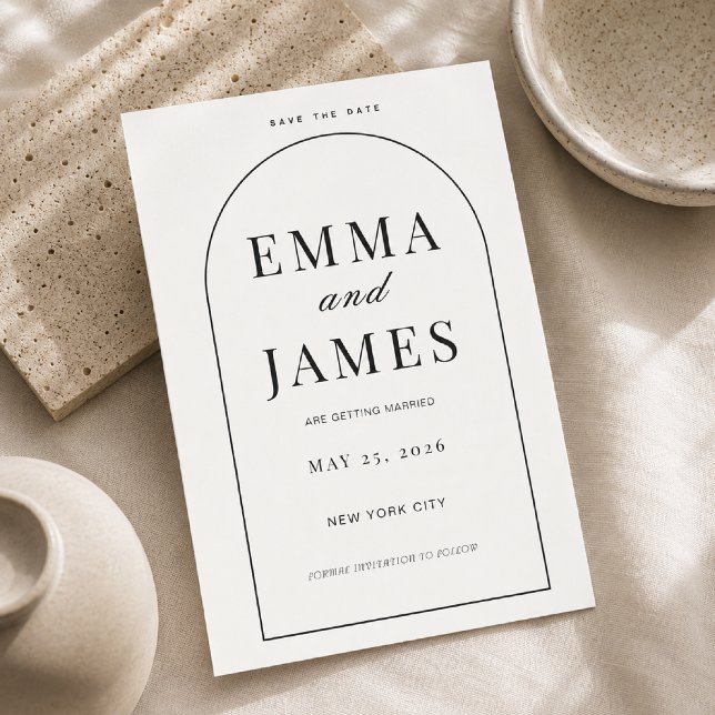 Anuncio de fecha de boda con forma de arco minimal (Elegant arch design for a timeless and modern Save the Date announcement.)