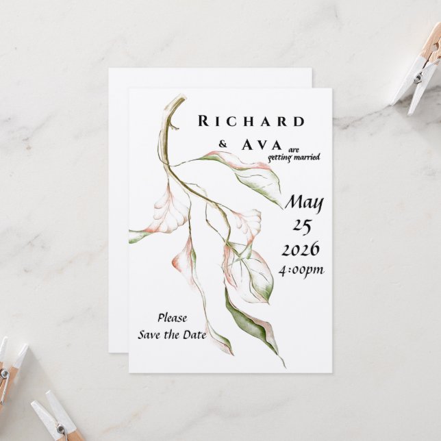 Anuncio de fecha de boda con hoja botánica moderna (Anverso/Reverso In Situ)