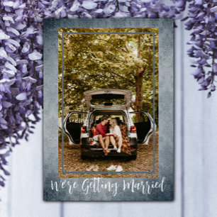 Anuncio de fecha de boda vintage azul con foto