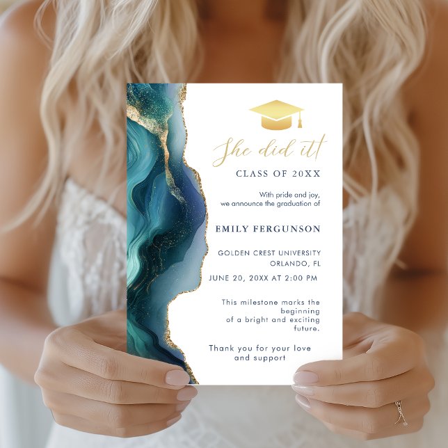 Anuncio de fiesta de graduación de zafiro azul mod (Blue Sapphire & gold agate graduate announcement card)