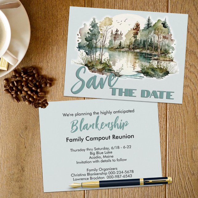 Anuncio de fiesta de reunión junto al lago (This lakeside scene family reunion save the date announcement also serves as the invitation. )