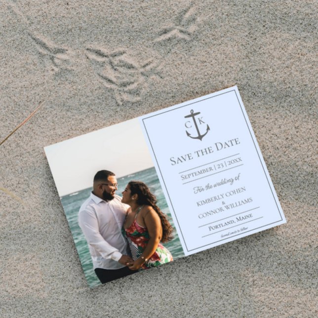 Anuncio de Foto con Monograma Náutico Azul para Sa (Blue Nautical Monogram Photo Save the Date)