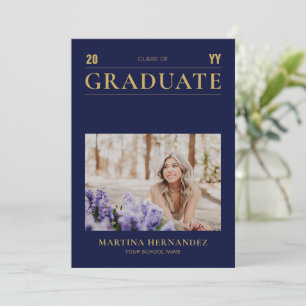 Anuncio de foto de graduación en dorado y azul mar