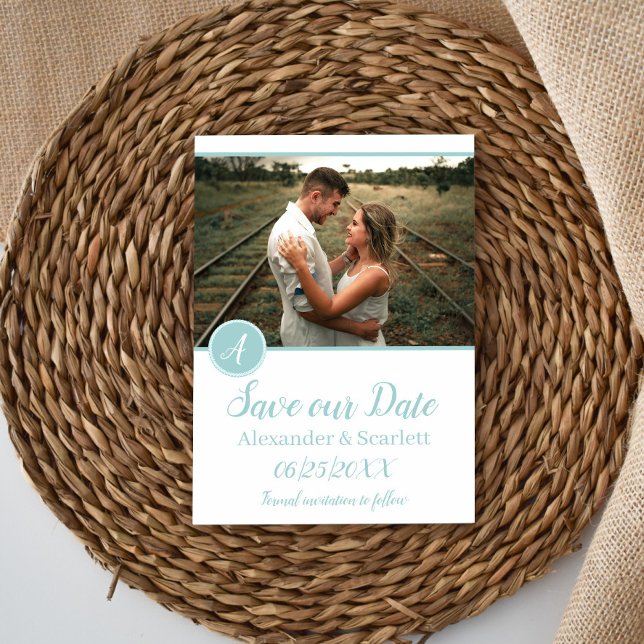 Anuncio de Foto de Monograma Turquesa para Guardar (Teal Monogram Photo Save the Date Announcement)