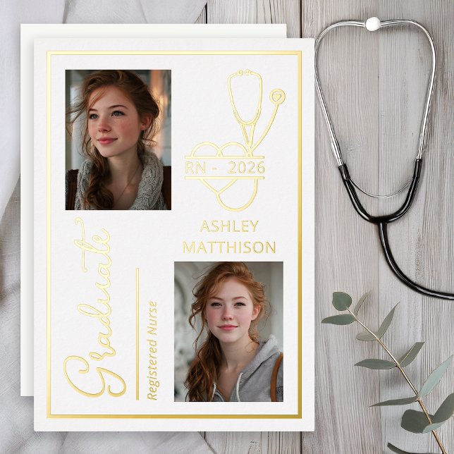 Anuncio de foto elegante de graduada de enfermería (Elegant RN 2026 Nursing Graduation Photo Announcement - Gold Foil)