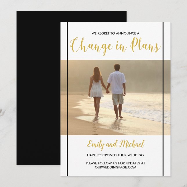 Anuncio de foto negro y dorado de boda pospuesta (Anverso / Reverso)
