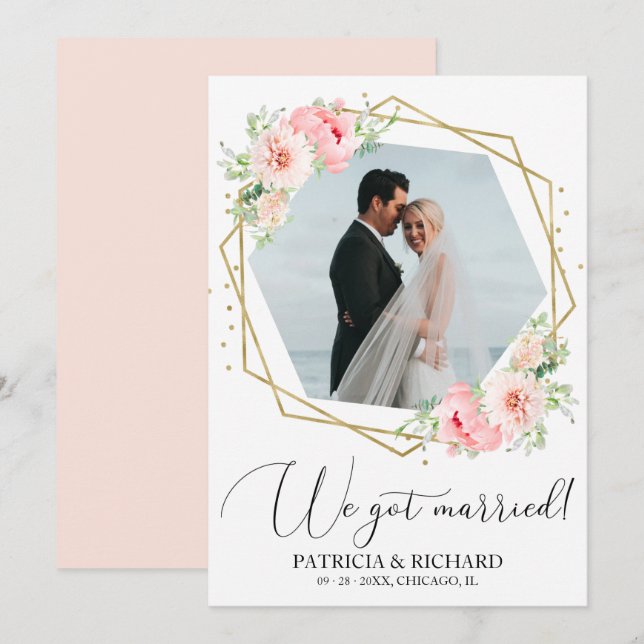 Anuncio de fuga a la boda floral sonrosado Nos Cas (Anverso / Reverso)