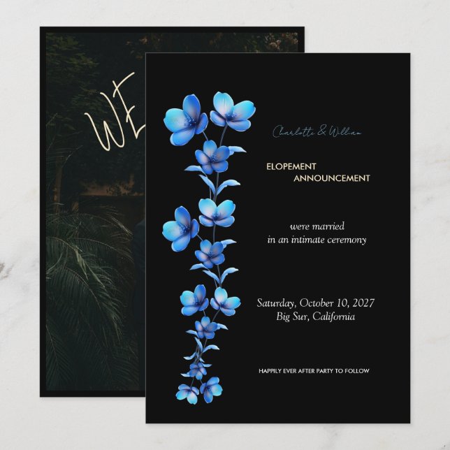 Anuncio de fuga floral negro y azul temperamental (Anverso / Reverso)