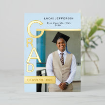 Anuncio de graduación azul moderno con foil dorado