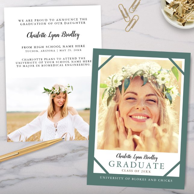 Anuncio de graduación azul turquesa con foto moder (Modern Trendy Teal Blue Green Graduate Graduation Announcement Reception Invitation)