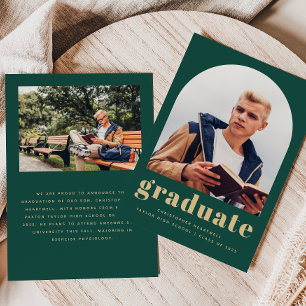 Anuncio de graduación clásico verde dorado con fot