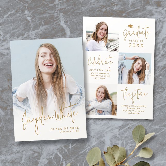 Anuncio de graduación con 4 fotos en letra script  (Gold Modern Script 4 Photo Graduation Announcement)