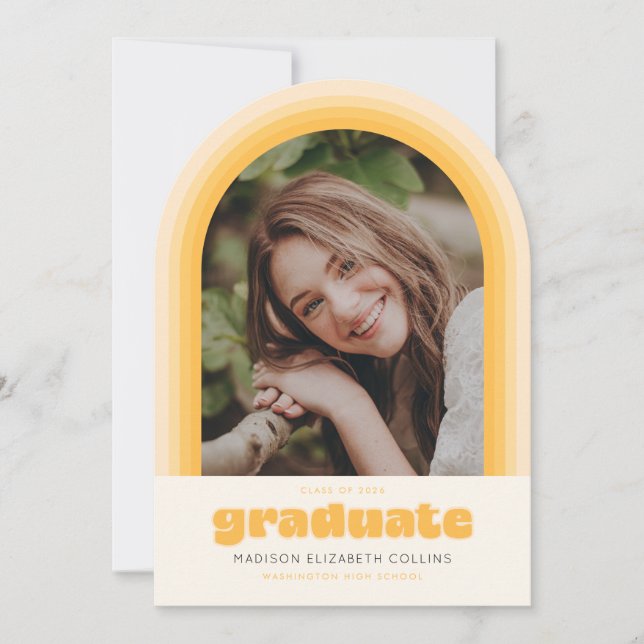 Anuncio de graduación con arco a rayas retro amari (Anverso)