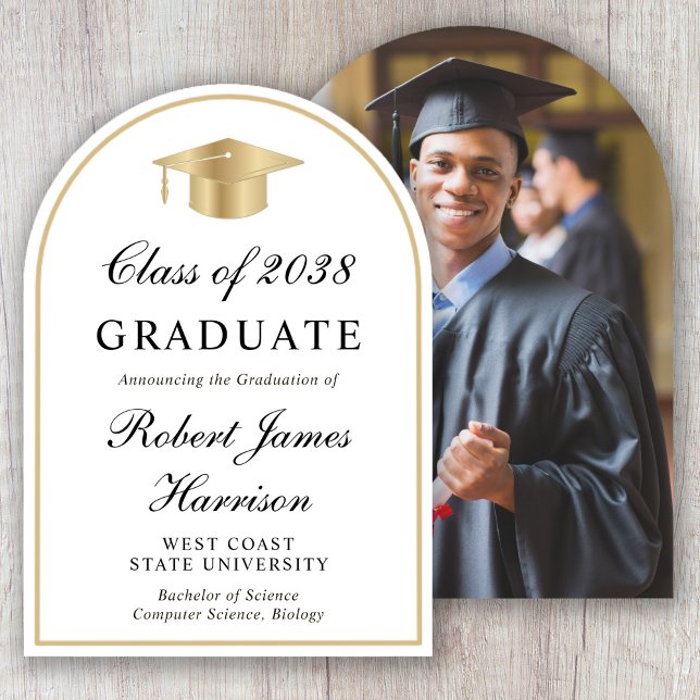 Anuncio de graduación con arco de foto de gorra de (Gold Grad Cap Photo Arch Graduation Announcement)