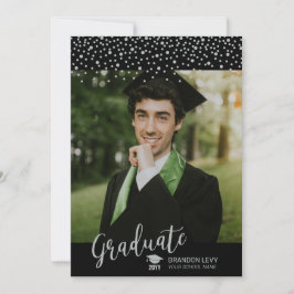 Anuncio de graduación con confeti plateado y negro