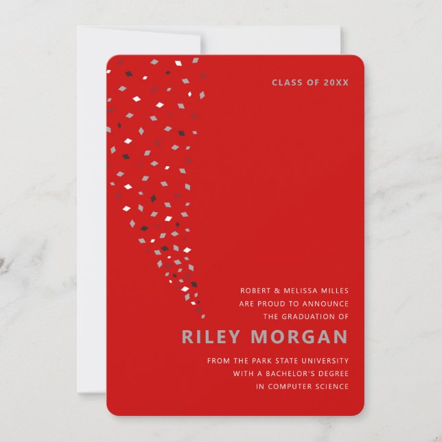 Anuncio de graduación con confeti rojo y gris (Anverso)