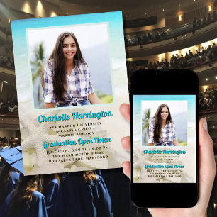 Anuncio de graduación con estrella de mar, mar y a