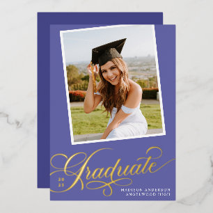 Anuncio de graduación con foil dorado y morado