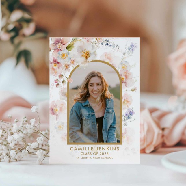 Anuncio de graduación con foto boho de flor silves (Boho Floral Photo Graduation Announcement)