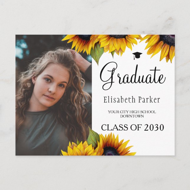 Anuncio de graduación con foto chic de girasoles (Anverso)