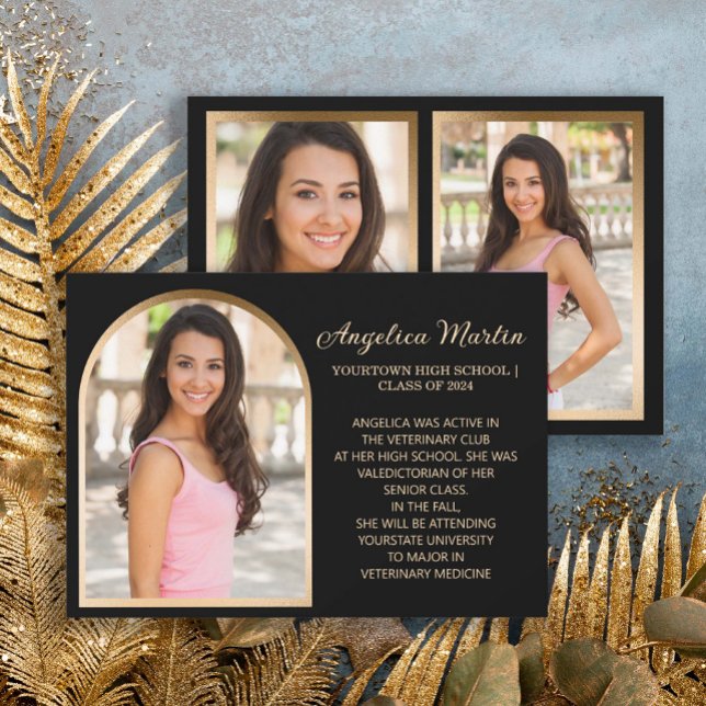 Anuncio de graduación con foto de arco de oro negr (Black and gold photo announcement for the class of 2024)