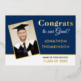 Anuncio de graduación con foto de papel de oro azu