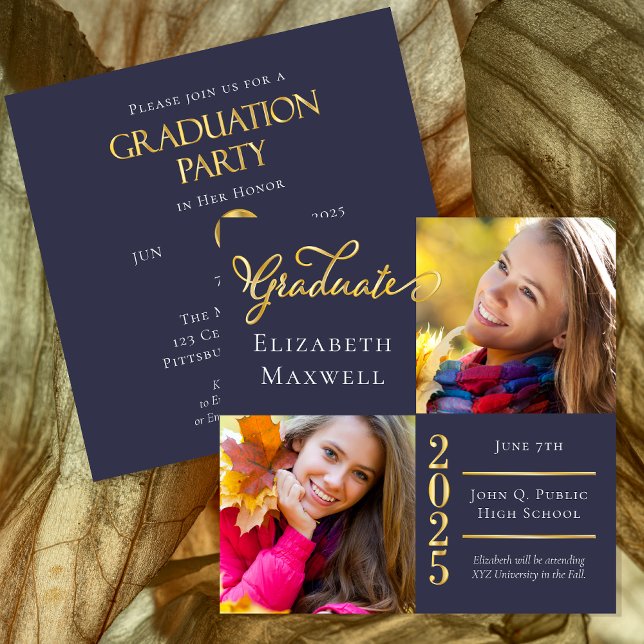 Anuncio de Graduación con Foto en Azul | Dorado |  (Blue and Gold Tone Two Photo High School Graduation Announcement and Party Invitation -Print Digital)