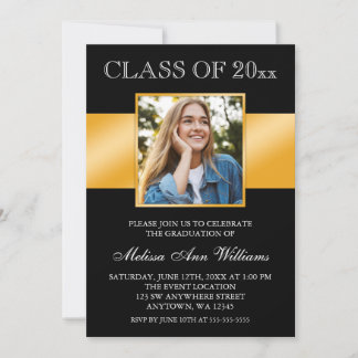Anuncio de graduación con foto en oro negro elegan