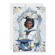 Anuncio de graduación con foto floral azul y blanc