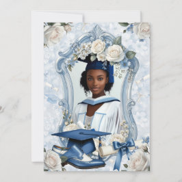 Anuncio de graduación con foto floral azul y blanc
