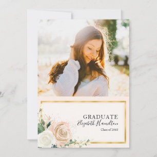Anuncio de graduación con foto floral rosa y dorad