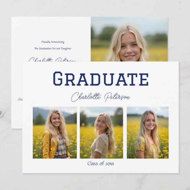 Anuncio de graduación con foto moderna en blanco y (Anverso / Reverso)