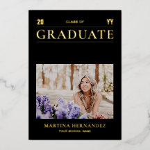 Anuncio de graduación con foto moderna en dorado y