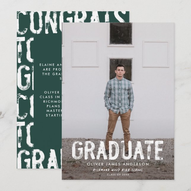 Anuncio de graduación con foto moderna verde grung (Anverso / Reverso)
