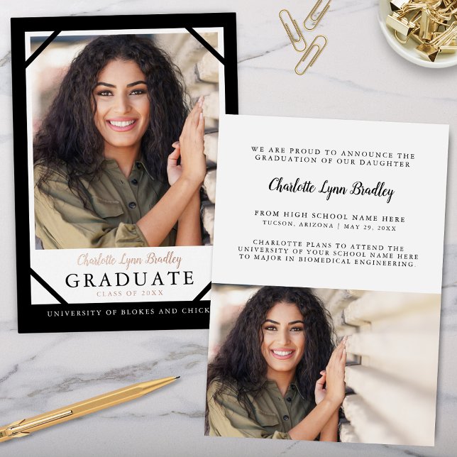 Anuncio de graduación con lámina de 2 fotos modern (modern black and white graduation announcment with 2 photos and rose gold foil for elegant grad card)