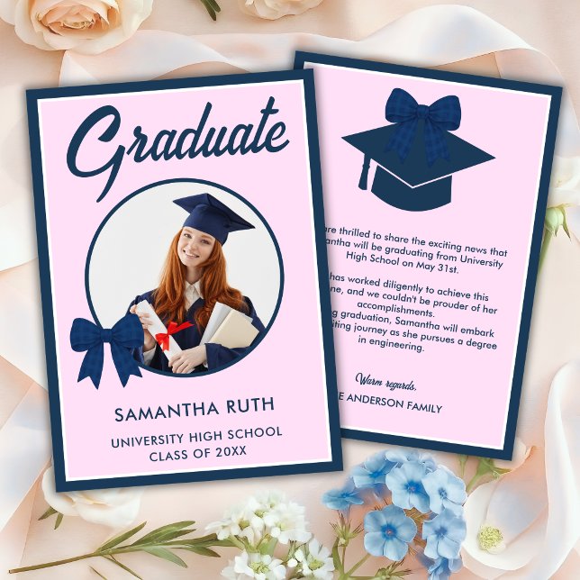 Anuncio de graduación con lazo de gingham azul mar (Subido por el creador)