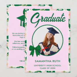 Anuncio de graduación con lazo de gingham verde Wi