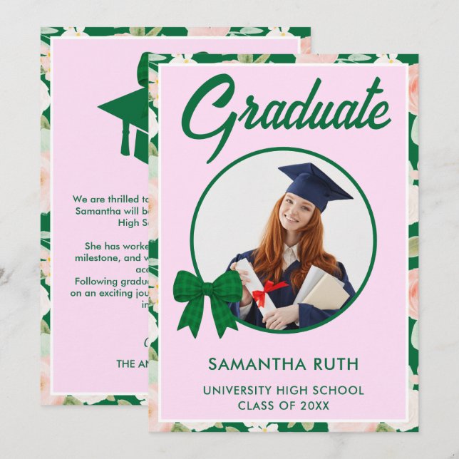 Anuncio de graduación con lazo de gingham verde Wi (Anverso / Reverso)