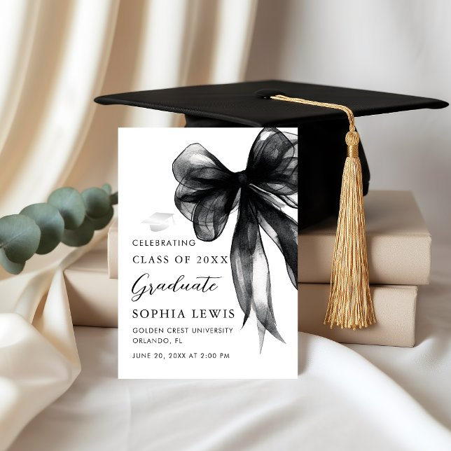 Anuncio de graduación Coquette con lazo negro mode (Elegant Watercolor Black Bow Coquette Graduation Announcement card)