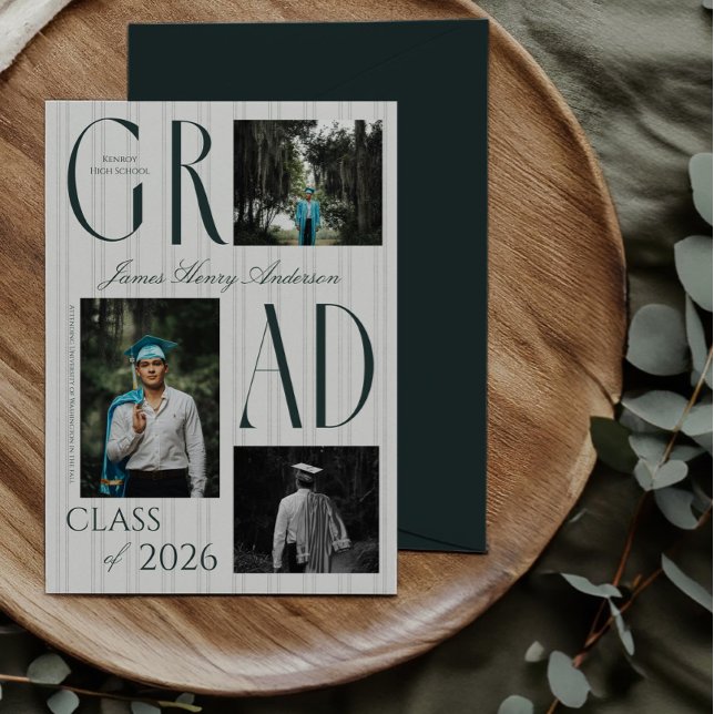 Anuncio de graduación de 3 fotos Refined Stripes (Old money 5x7 classic 3 photo graduation announcement with a dark envelope on a wood and greenery)